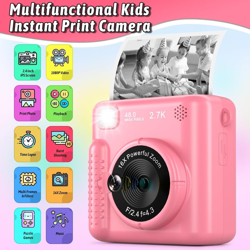 GREENKINDER Kids Camera Instant Print, Christmas Birthday Gifts for Girls Boys Age 3-12，HD Selfie Kids Digital Camera, Portable Travel Toy for 3 4 5 6 7 8 9 10 Year Old Girls (Pink) - Image 2